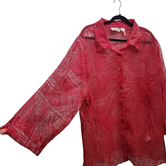 NWT Alfred Dunner Port Antonio Blouse Size 22W Dark Pink Red Sheer Button Down - Picture 3 of 8